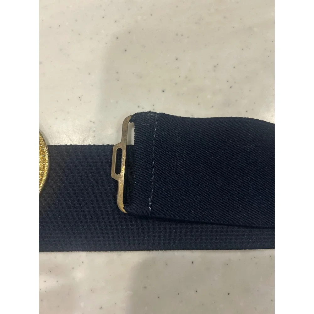 Mimi Lewis Vintage Navy Blue Elastic Cinch Belt Gold Triple Medallion Buckle
